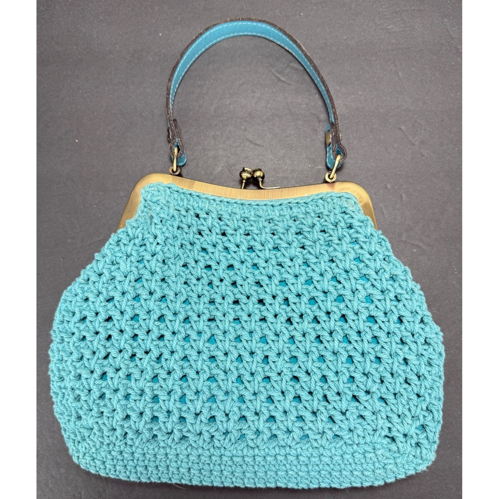 Patricia Nash Crochet Frame Bag Womens Medium Turquoise Blue Kiss Lock Crossbody - Picture 6 of 9